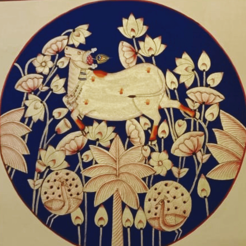 White Cow Pichwai Painting with Blue Background – Handmade Lotus Pichwai Art